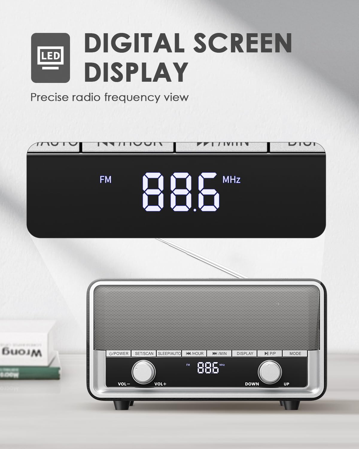 Audiocrazy clear LCD display showing time and frequency for quick reading