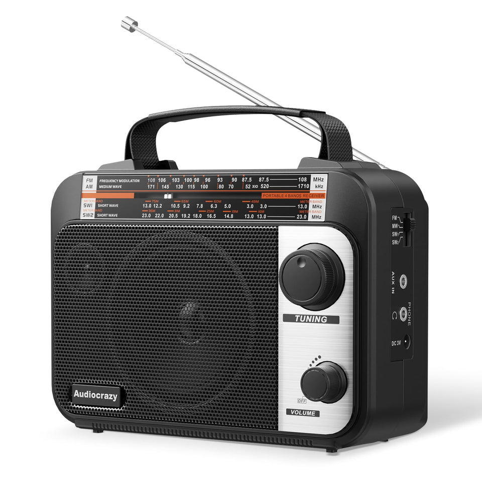 Audiocrazy multi-band radio with extended antenna for strong reception