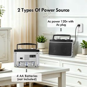 Audiocrazy radio in camping setting, bright silver and portable.