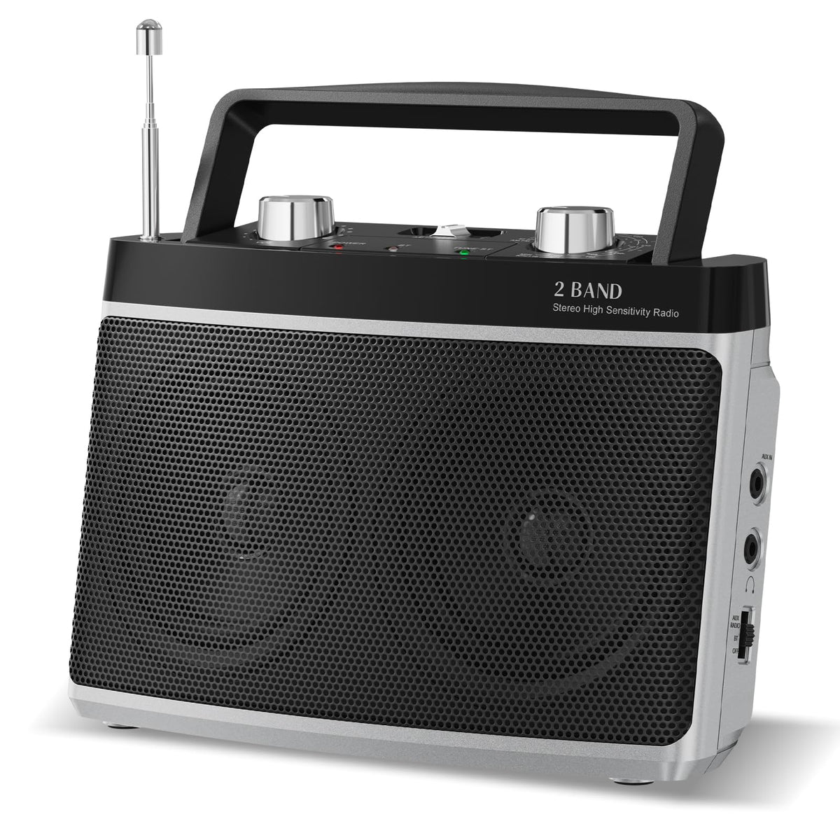 Audiocrazy portable AM/FM radio front view with large dial for easy tuning.