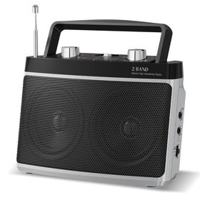 Audiocrazy portable AM/FM radio front view with large dial for easy tuning.