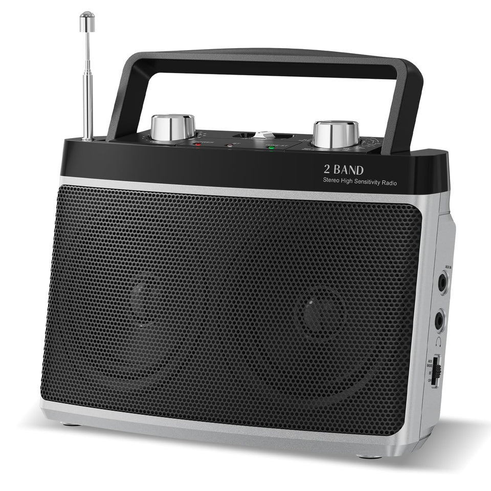 Audiocrazy portable AM/FM radio front view with large dial for easy tuning.