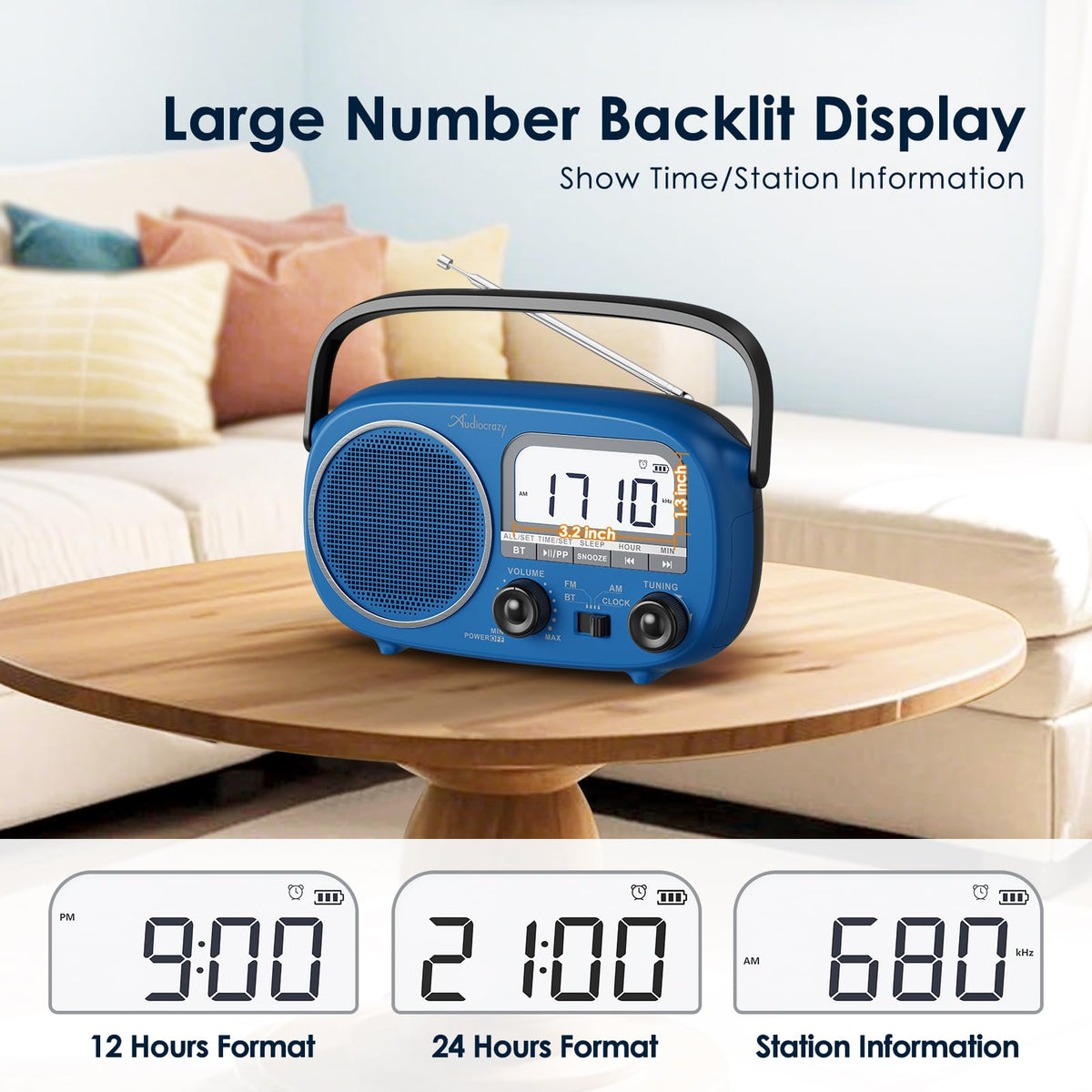 Audiocrazy portable radio 1800mAh battery for extended use.