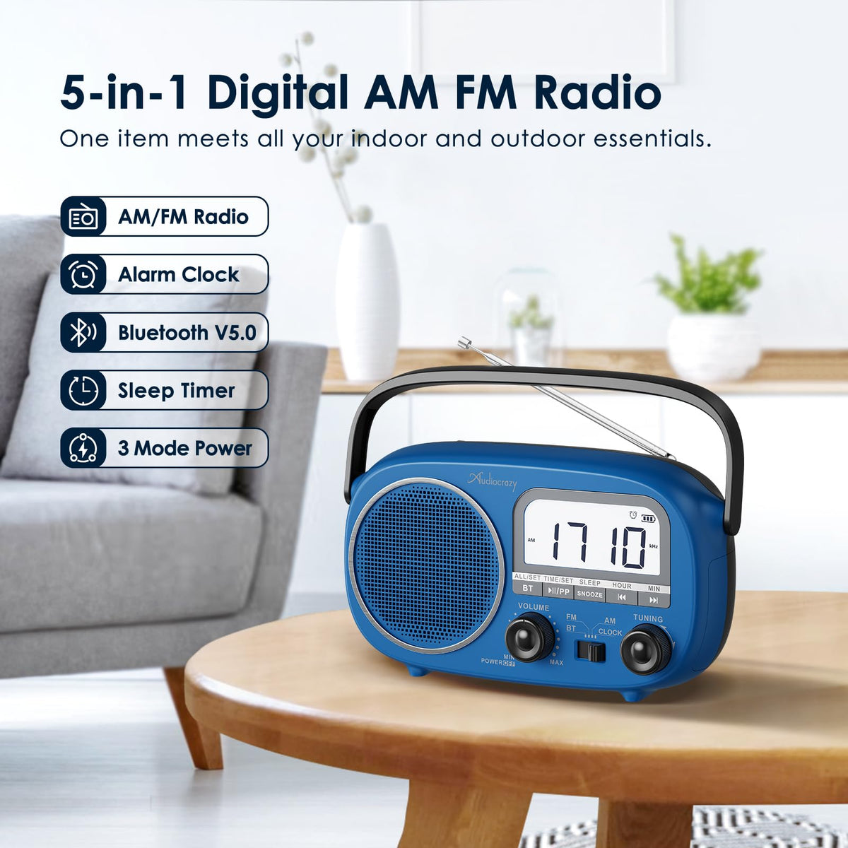 Audiocrazy portable radio backlit display aids night-time tuning.