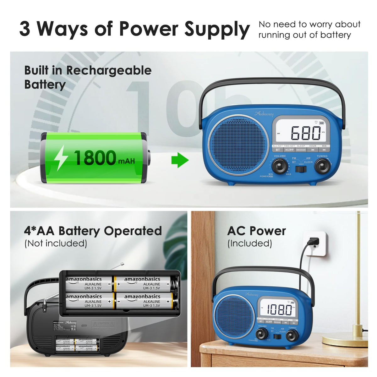 Audiocrazy portable radio Bluetooth streaming for wireless listening.
