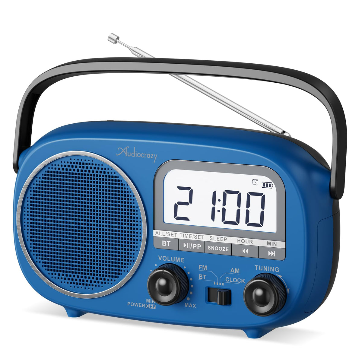 Audiocrazy portable radio front cobalt blue view with clear reception.