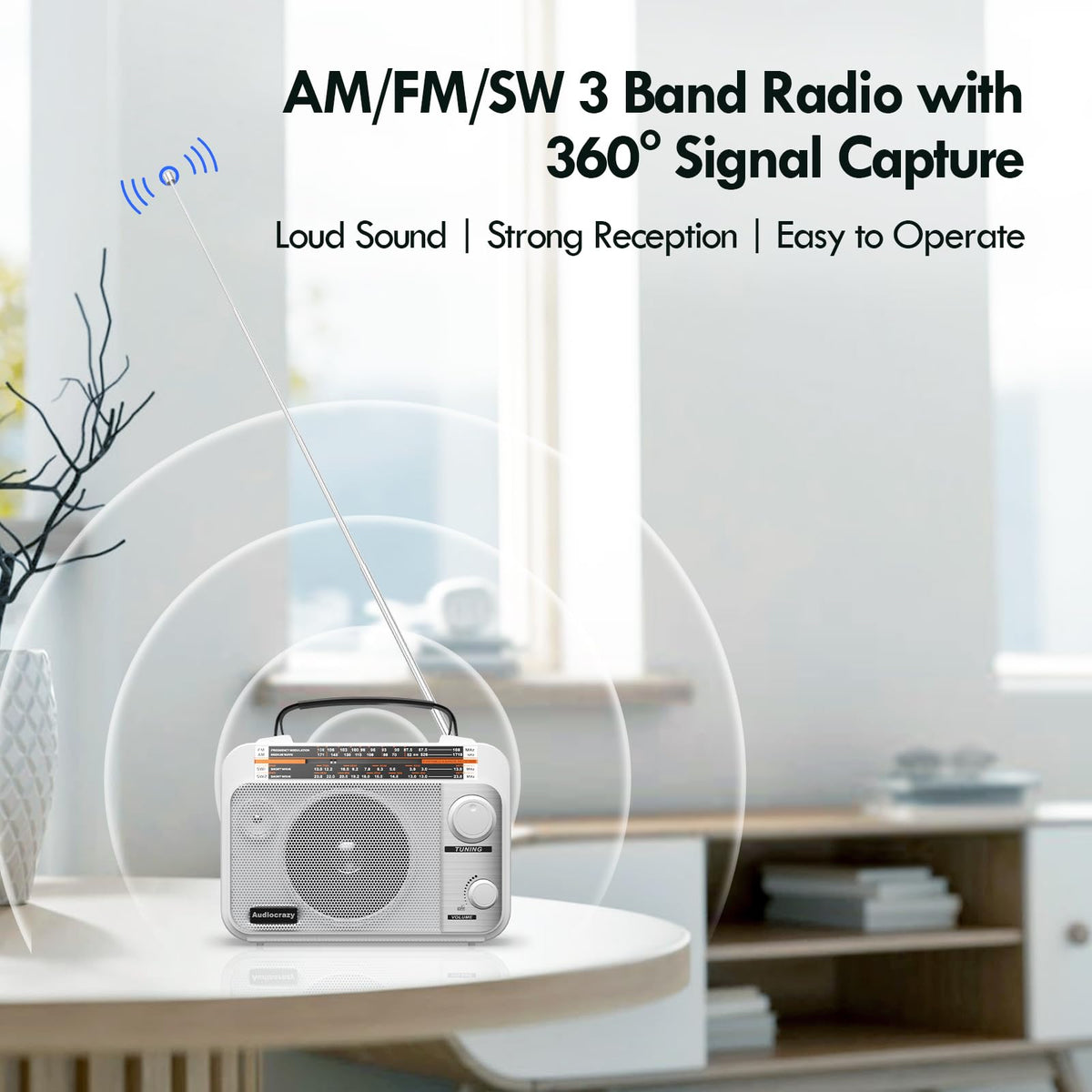 Audiocrazy radio with retractable antenna enhances reception.