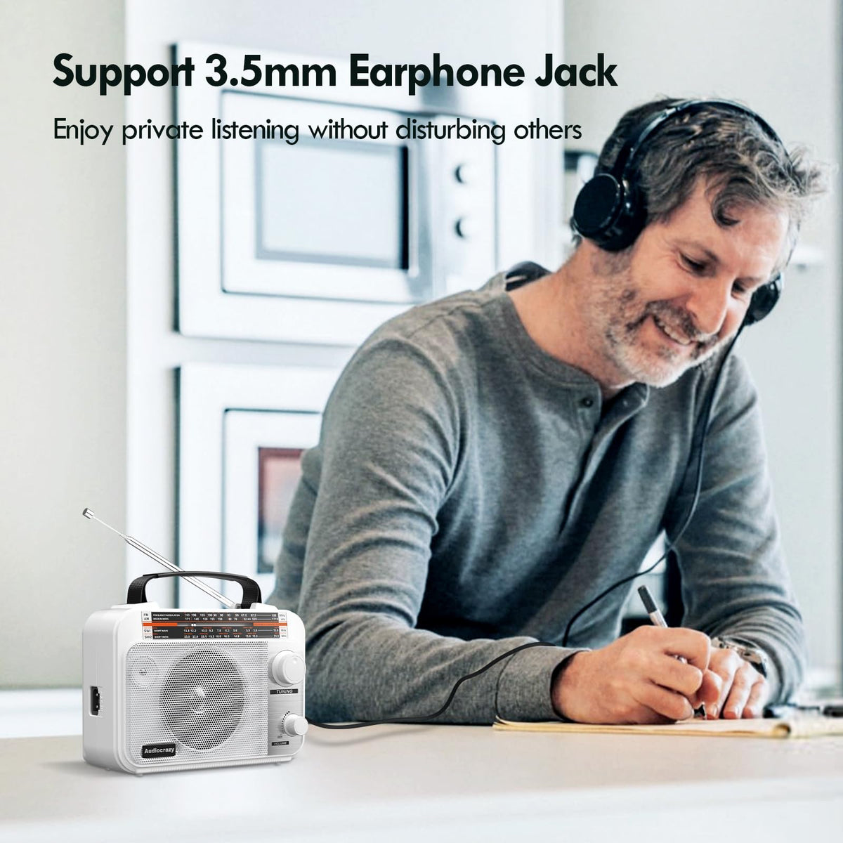 Audiocrazy radio with AUX in and 3.5 mm jack for private listening.