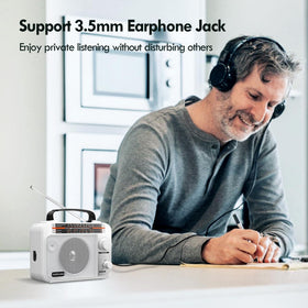 Audiocrazy radio with AUX in and 3.5 mm jack for private listening.