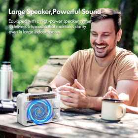 Audiocrazy radio power options include AC cord and battery operation.