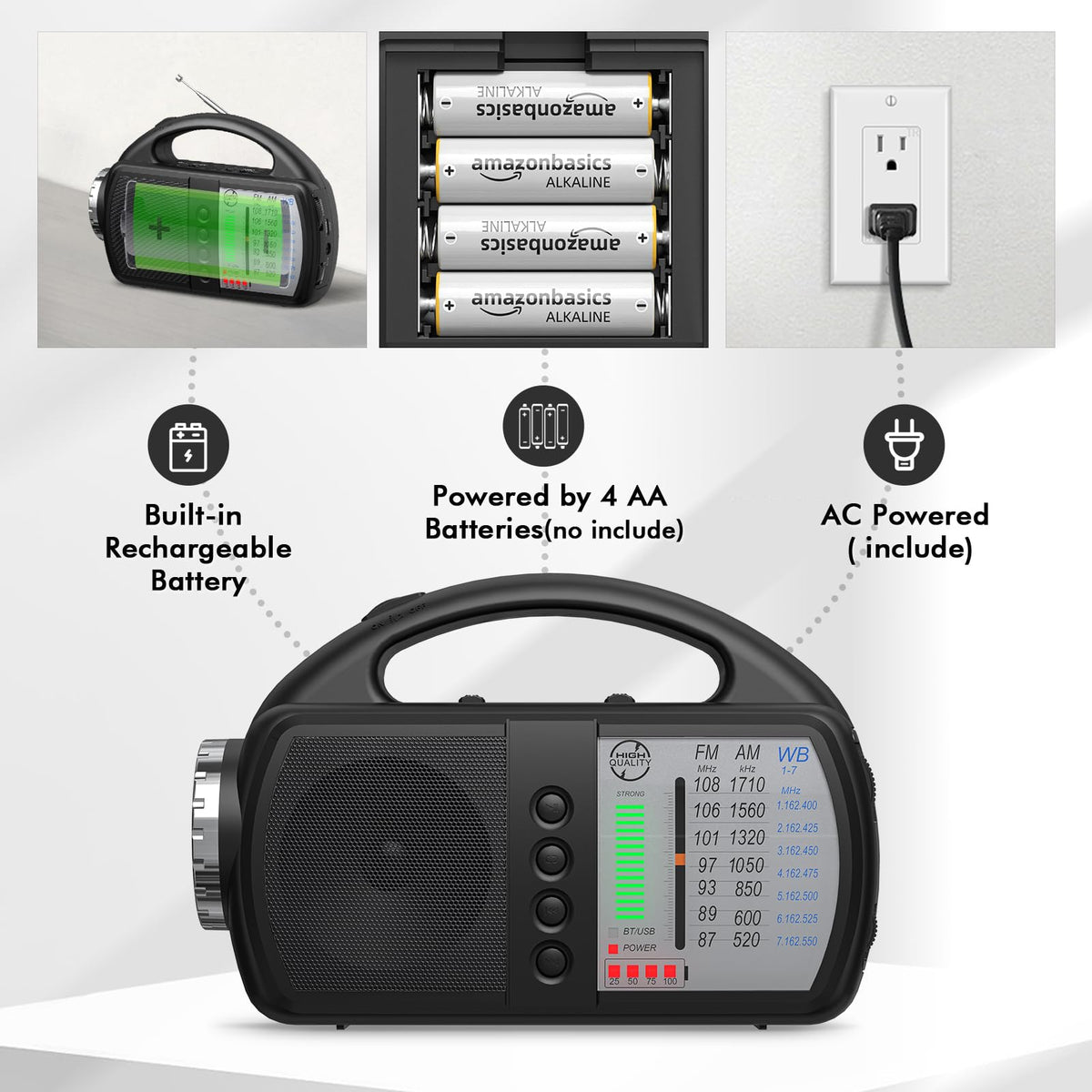 USB and AUX input availability on the Audiocrazy emergency radio for versatile audio.