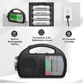 USB and AUX input availability on the Audiocrazy emergency radio for versatile audio.
