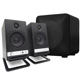 Audioengine A2-HD front view on a desk.