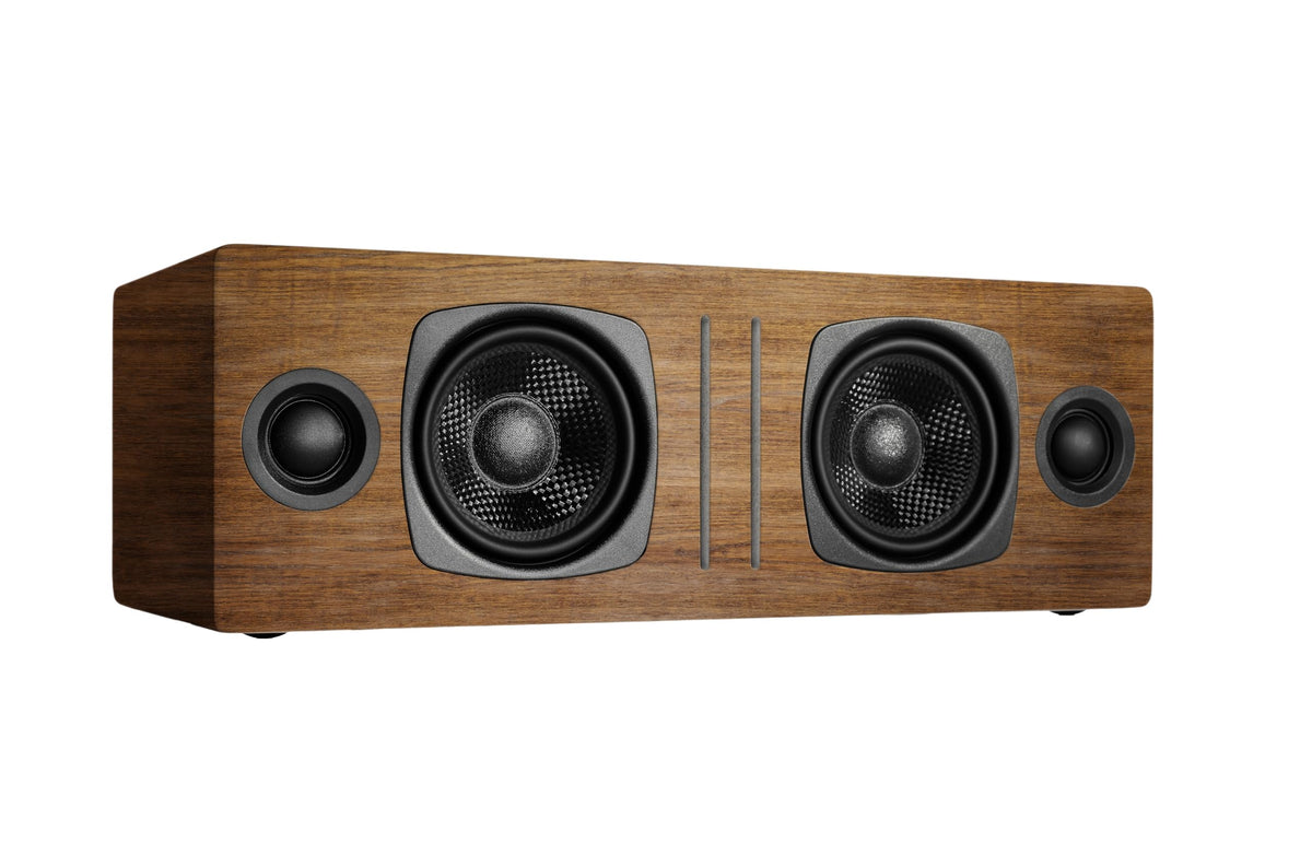 Audioengine A2+ front view showing compact design ideal for small desks