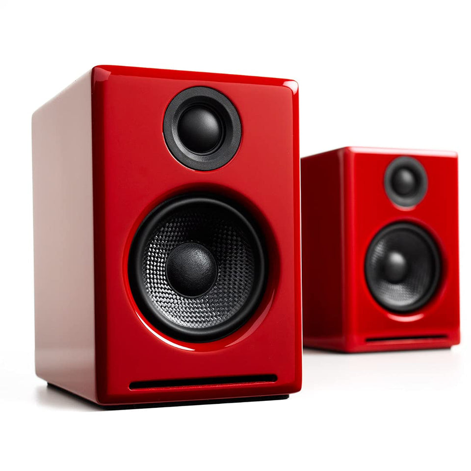 Audioengine A2+ front view ideal for compact desktop listening.