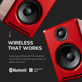 Audioengine A2+ warm wood cabinet finish enhances room ambience.