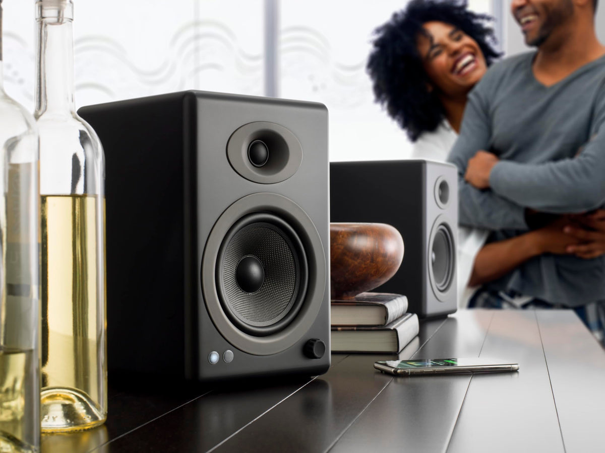 Audioengine A5+ back panel with RCA and 3.5mm inputs.