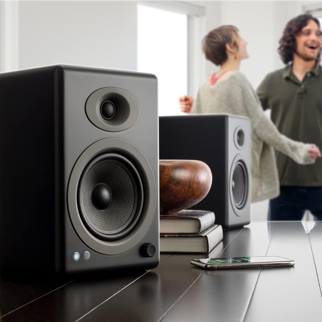 Audioengine A5+ desk setup for immersive listening or gaming.
