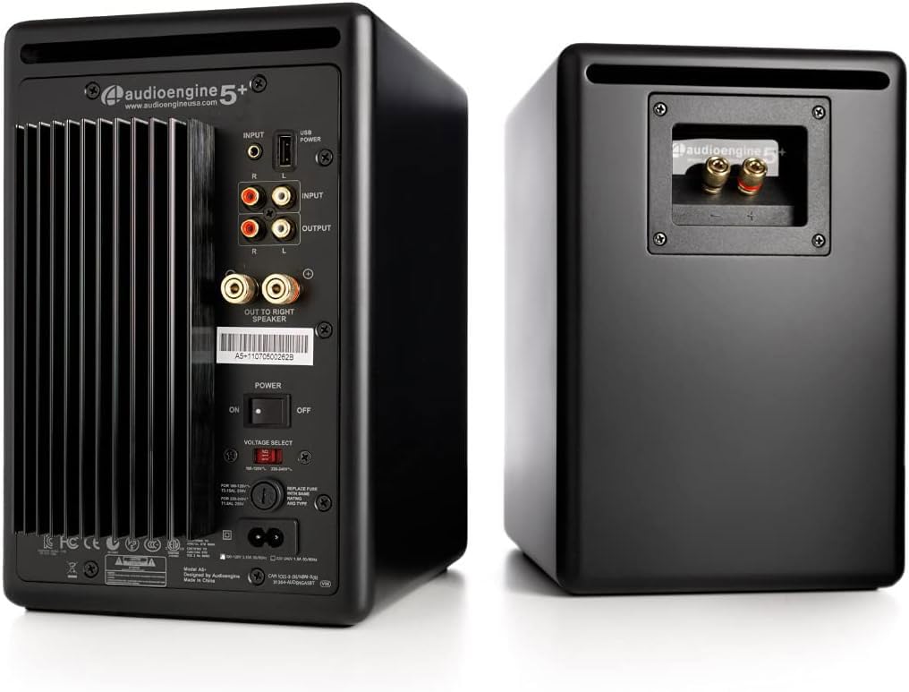 Audioengine A5+ side view highlighting compact bookshelf footprint.