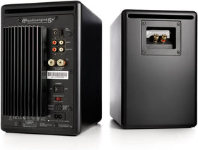 Audioengine A5+ side view highlighting compact bookshelf footprint.