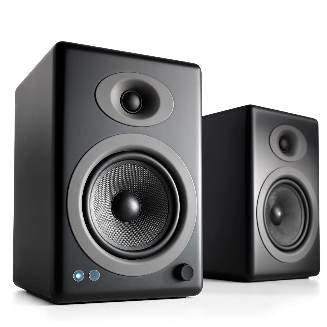 Audioengine A5+ top features graphic emphasizing 150W power and room-filling sound.