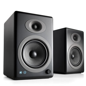 Audioengine A5+ top features graphic emphasizing 150W power and room-filling sound.