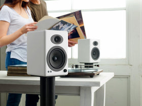 Audioengine A5+ close-up of 5-inch Kevlar woofer delivering tight bass