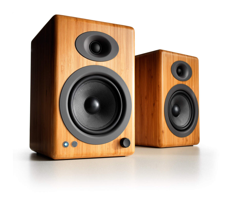 Audioengine A5+ front view shows compact bookshelf speakers for desktop listening