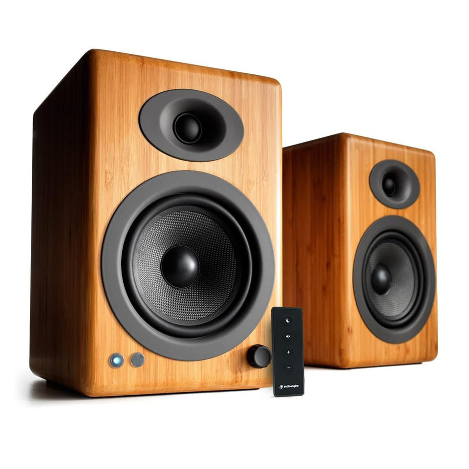 Audioengine A5+ front view showing a compact, stylish speaker for desktop or shelf setups