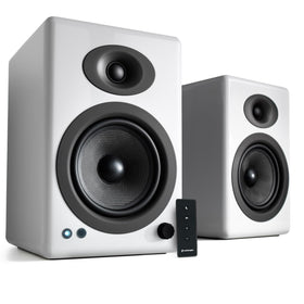 Audioengine A5+ front view showing compact, room-friendly design for desks and shelves