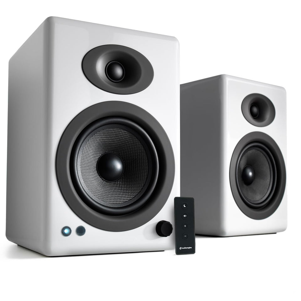 Audioengine A5+ front view showing compact, room-friendly design for desks and shelves