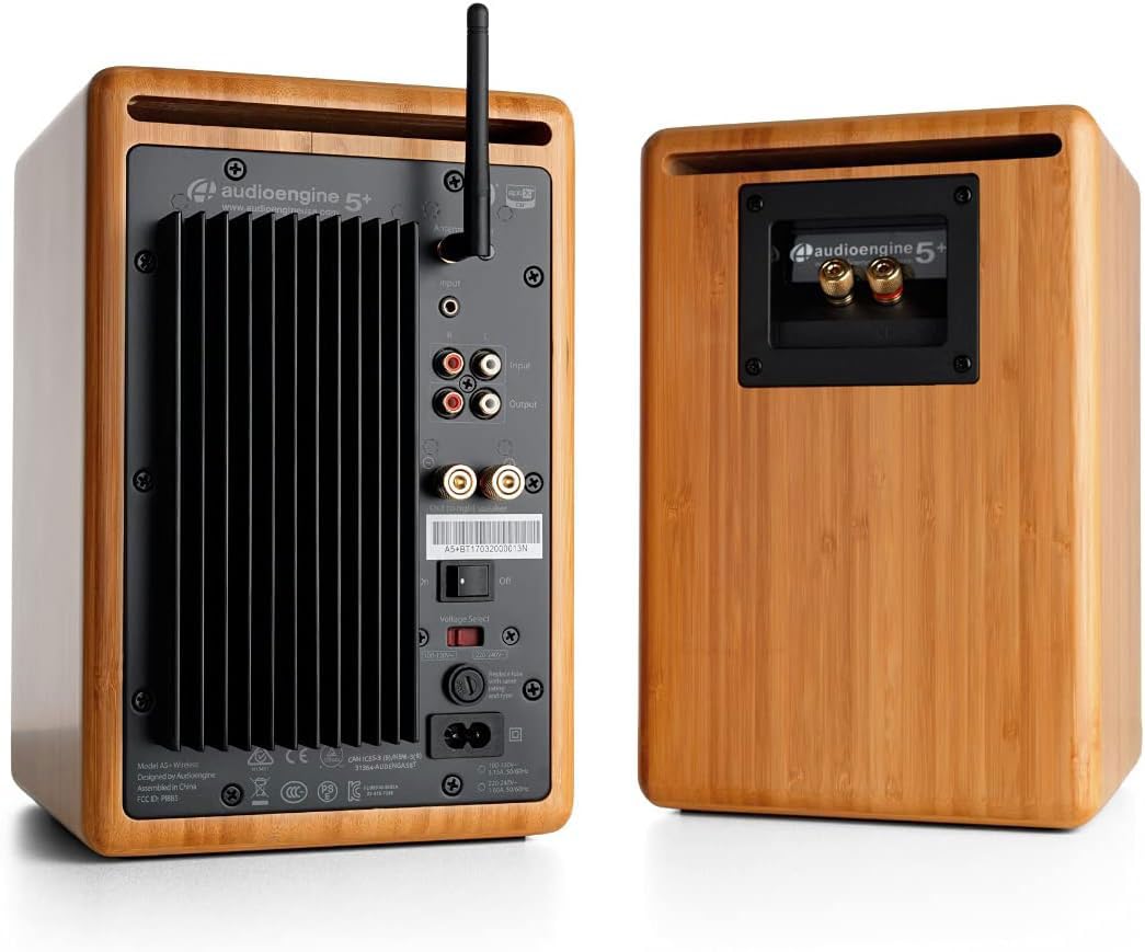Audioengine A5+ wood cabinet close-up highlighting premium craftsmanship