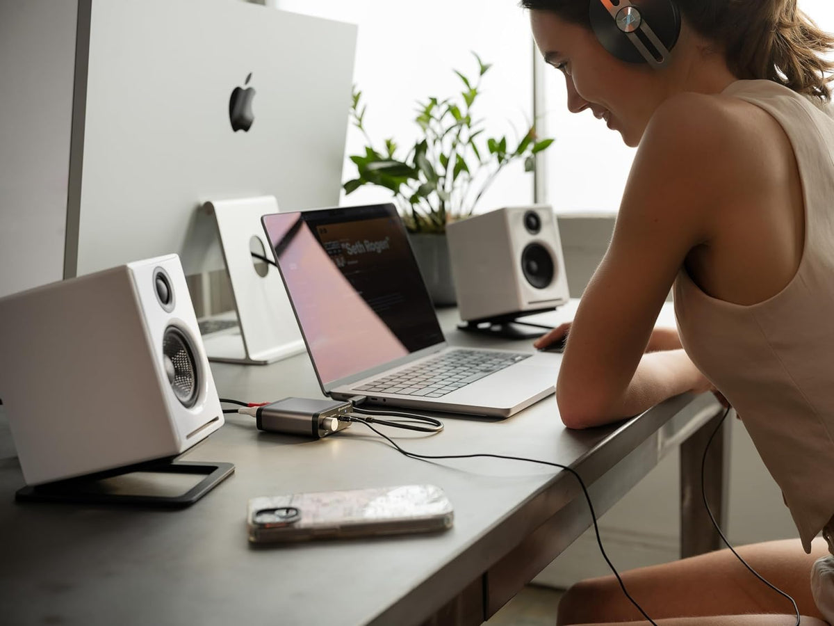 Audioengine D1P USB-C cable connects devices quickly.