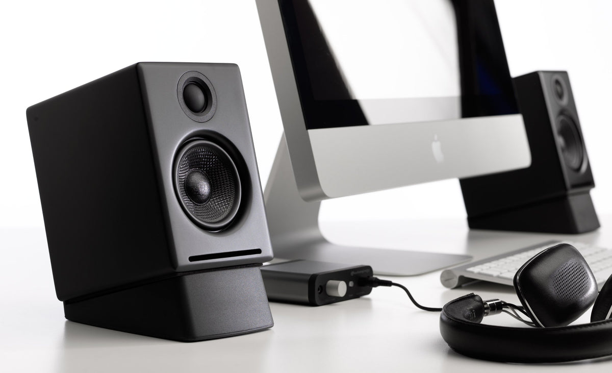 Audioengine DS1 side profile highlighting 15 degree tilt for better imaging and detail