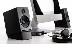 Audioengine DS1 side profile highlighting 15 degree tilt for better imaging and detail
