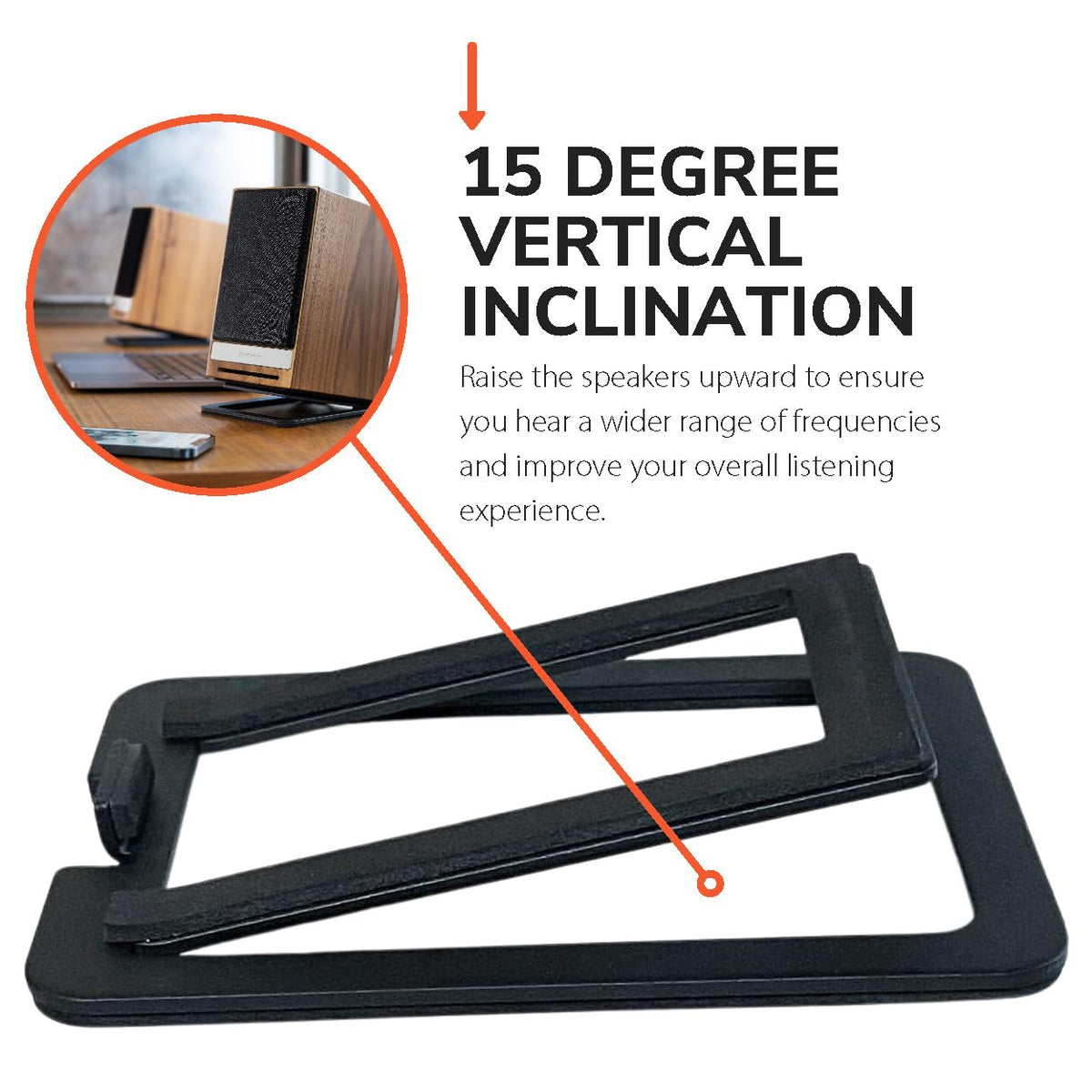 Audioengine DS1M side profile highlighting 15-degree tilt for improved listening angle