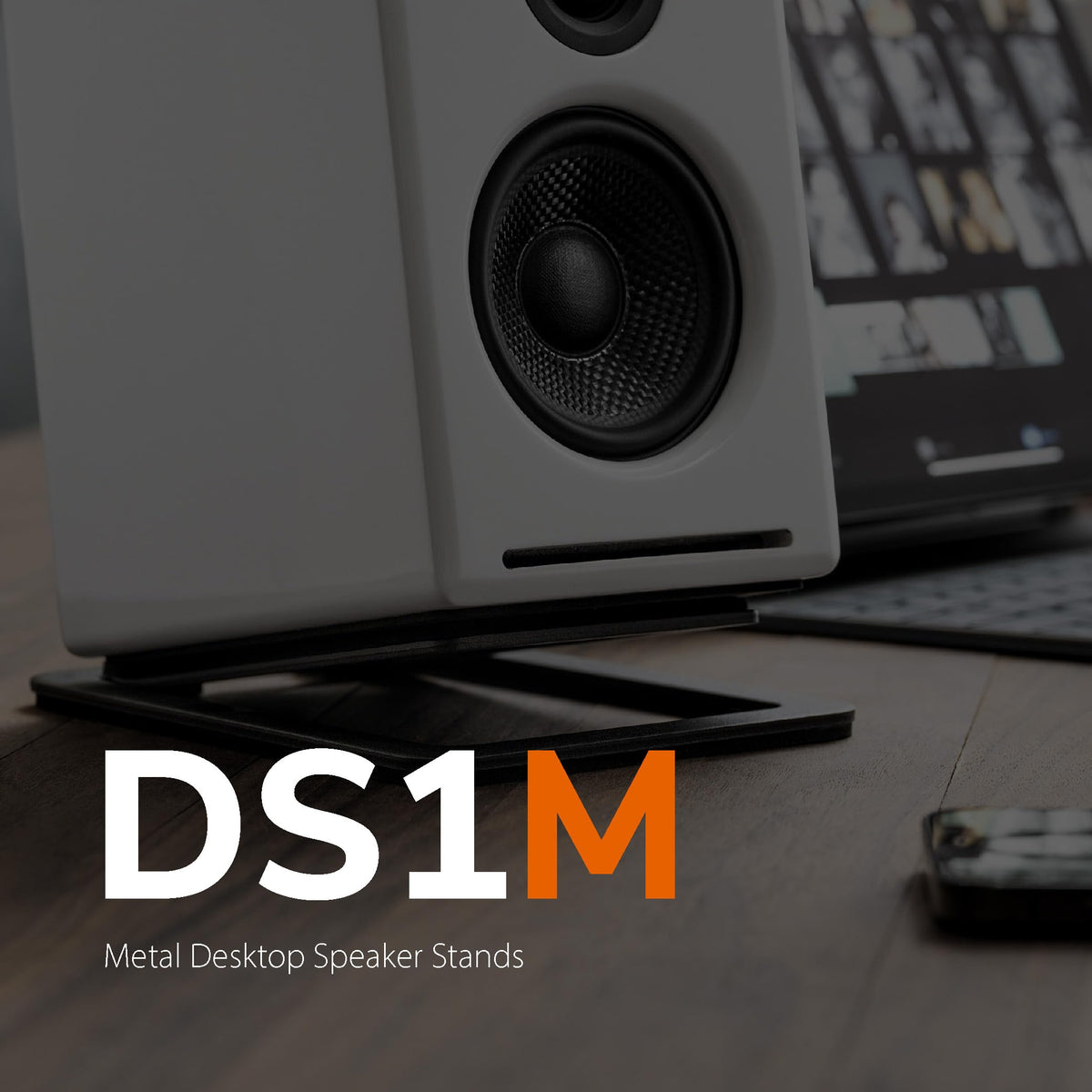 Audioengine DS1M label and dimensions image showing fit guidance and sizing benefit