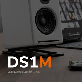Audioengine DS1M label and dimensions image showing fit guidance and sizing benefit