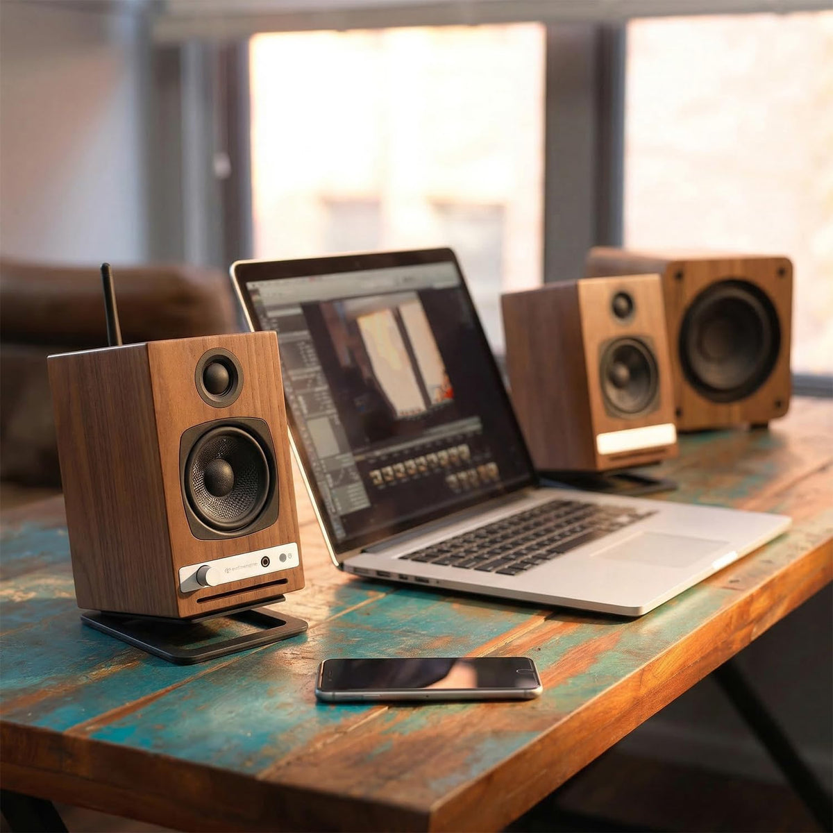 Audioengine HD4 desktop setup ready with elegant cabinet and punchy sound.