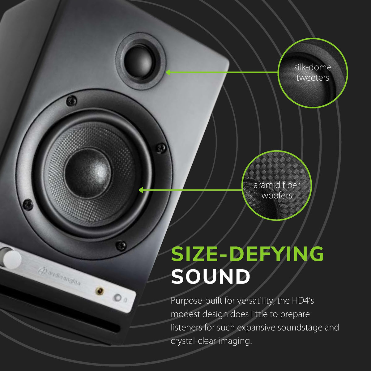 Audioengine HD4 USB, RCA, and 3.5mm inputs for versatile connections.