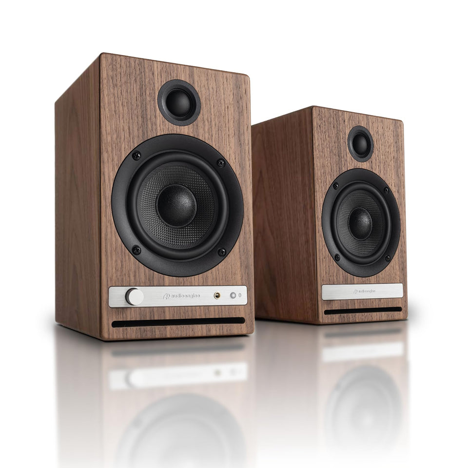 Audioengine HD4 wood cabinet close-up showcases craftsmanship and premium finish for desks.