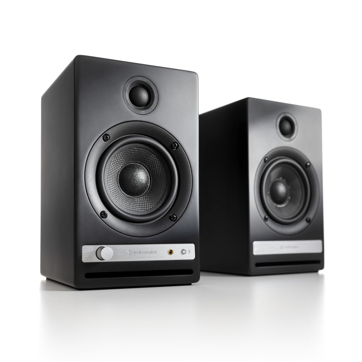 Audioengine HD4 wood cabinet with real veneer and refined build.