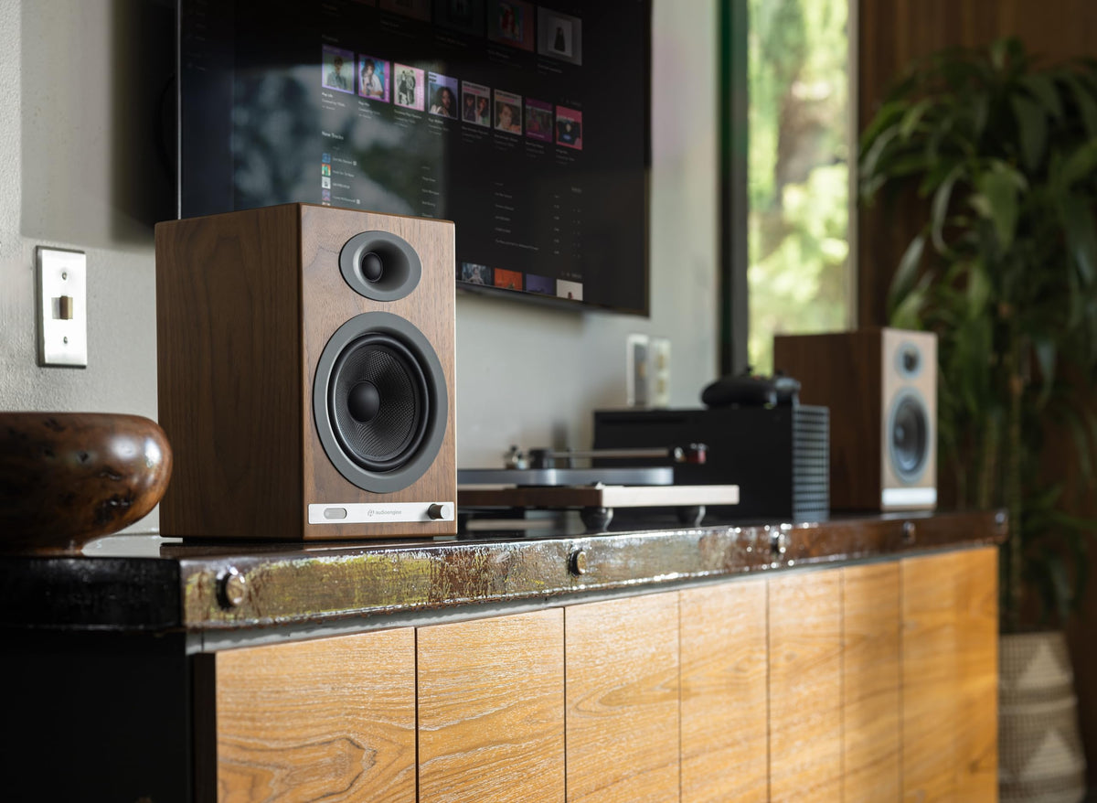 Audioengine HD5 back panel with optical, RCA, and 3.5mm inputs for versatile setup.