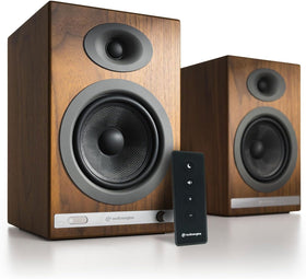Audioengine HD5 left speaker front view with real wood veneer for rich, detailed sound.