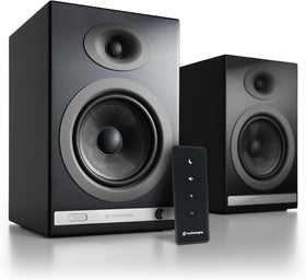 Audioengine HD5 left speaker front view, compact bookshelf design ideal for tight spaces.