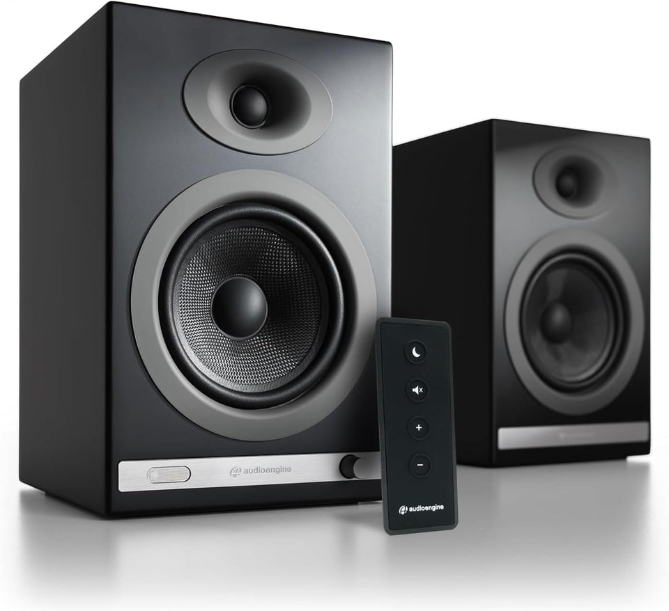 Audioengine HD5 left speaker front view, compact bookshelf design ideal for tight spaces.