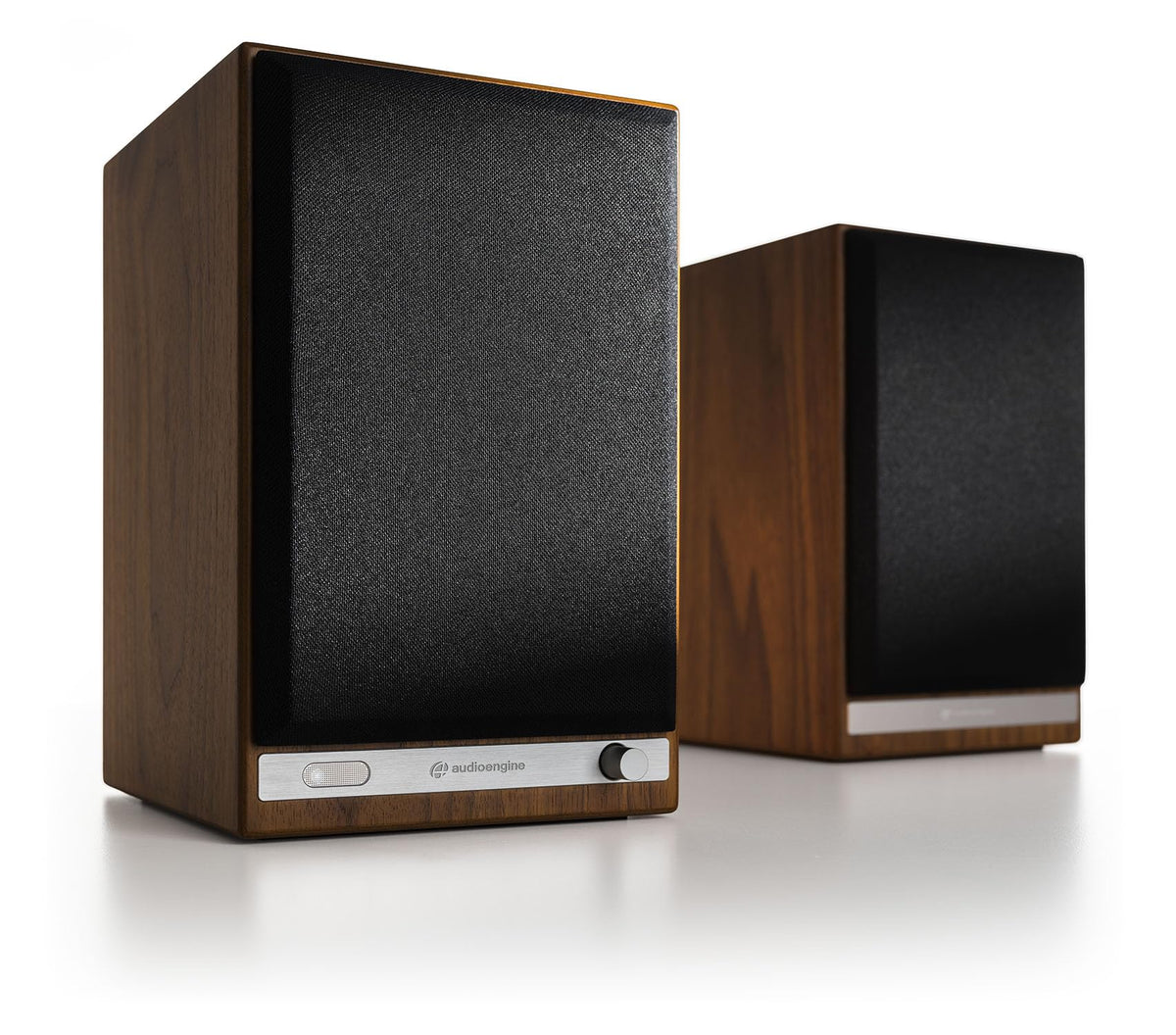 Audioengine HD5 in a living room showing bookshelf placement and stereo imaging.