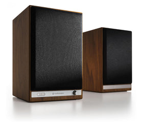 Audioengine HD5 in a living room showing bookshelf placement and stereo imaging.