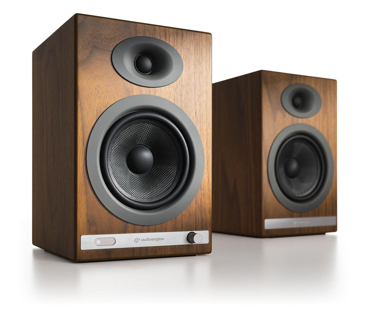 Audioengine HD5 aluminum remote and back ports enabling easy control and connections.