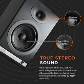 Audioengine HD5 remote and cables included for quick, no-fuss setup.